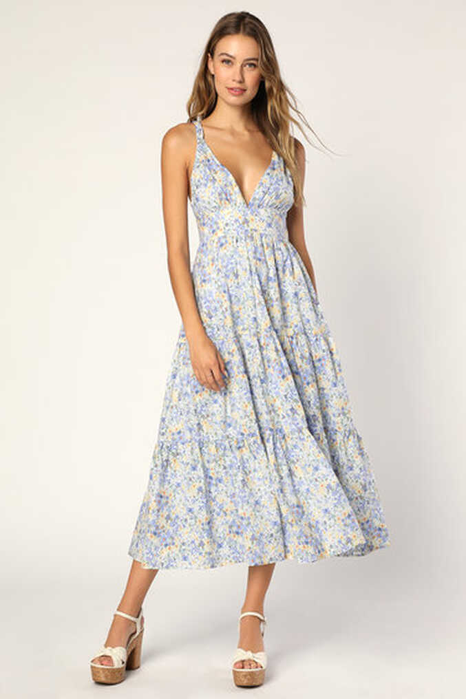 Light Blue Midi Dress - Cute Tiered Dress - Floral Midi Dress - Lulus