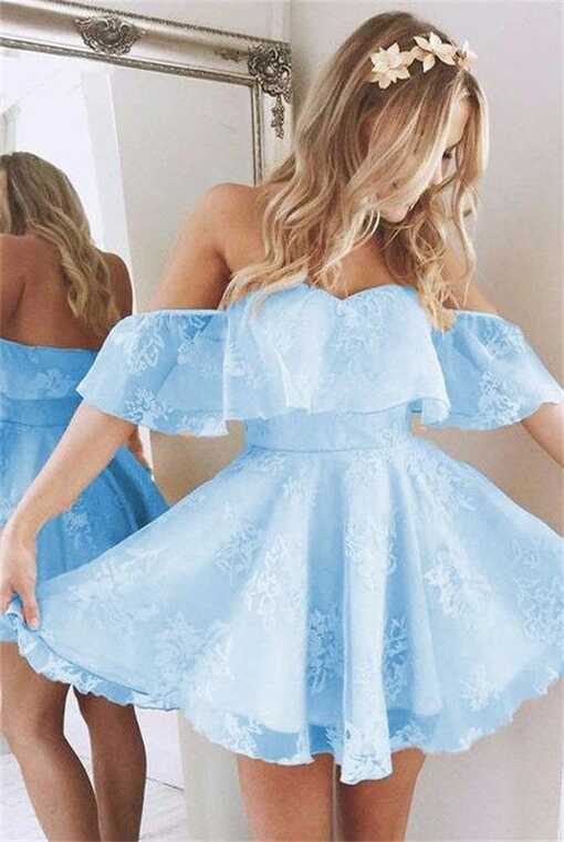 Light Blue Off The Shoulder Backless Lace Short Homecoming Dresses ...