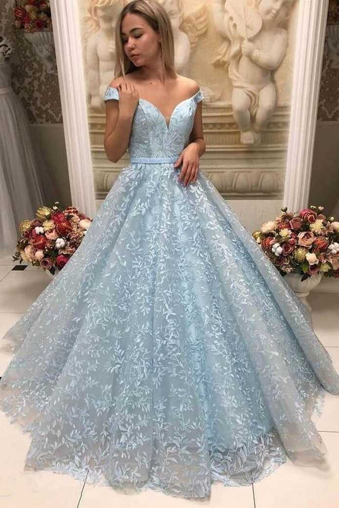 Light Blue Off The Shoulder Long Lace Prom Dress Princess Dress ...