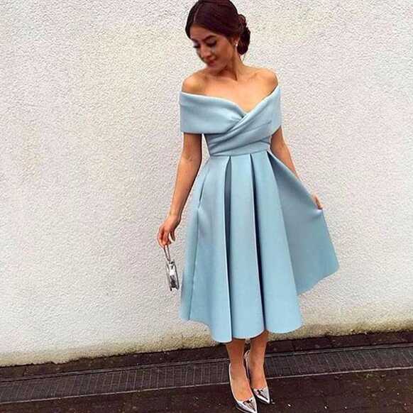 Light Blue Off The Shoulder V-Neck A-Line Tea Length Cocktail Dress