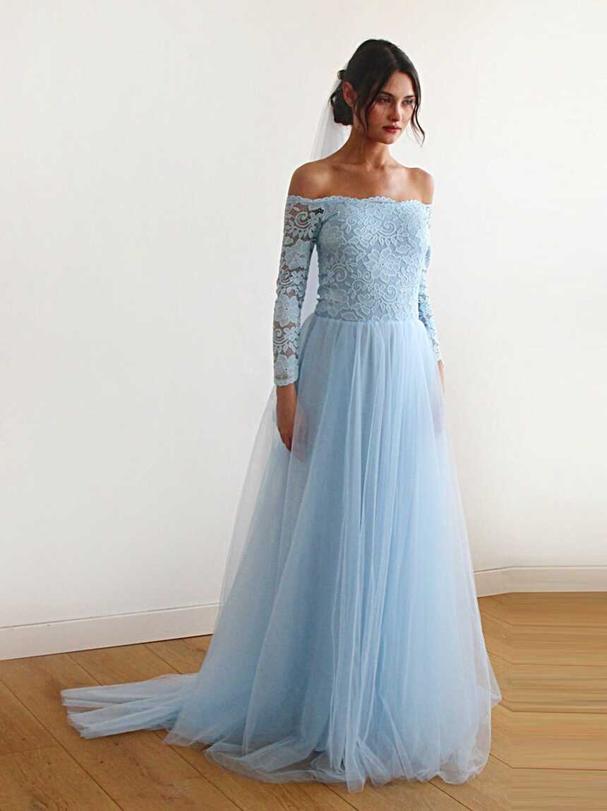 Light Blue Off-the-shoulder Dress Train ,pastel Wedding Dress 1162 ...