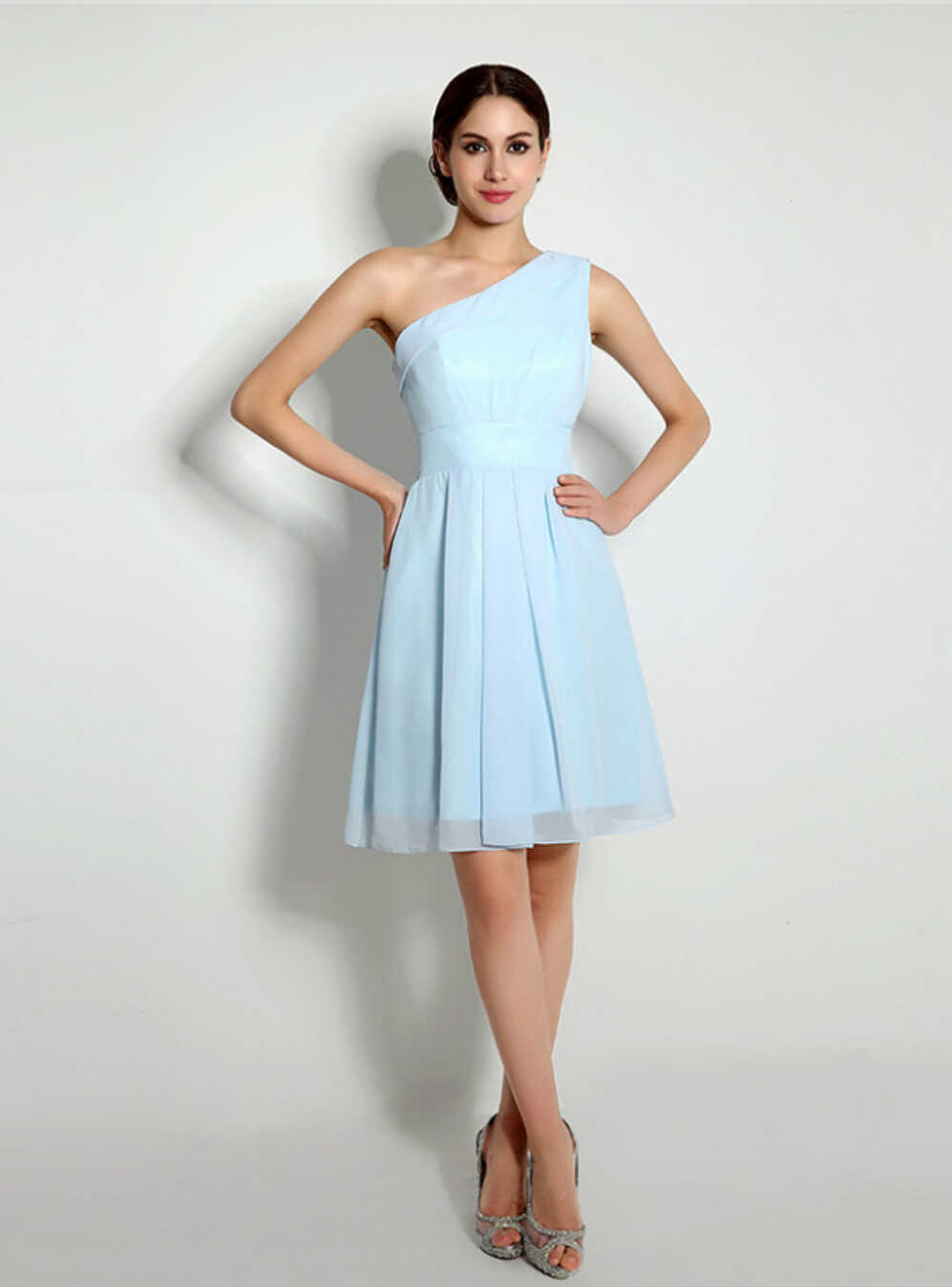 Light Blue One Shoulder Chiffon Knee Length Homecoming Dress