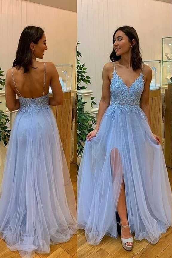 Light Blue Prom Dress 2023 Spaghetti Straps Tulle with Slit – DCdress