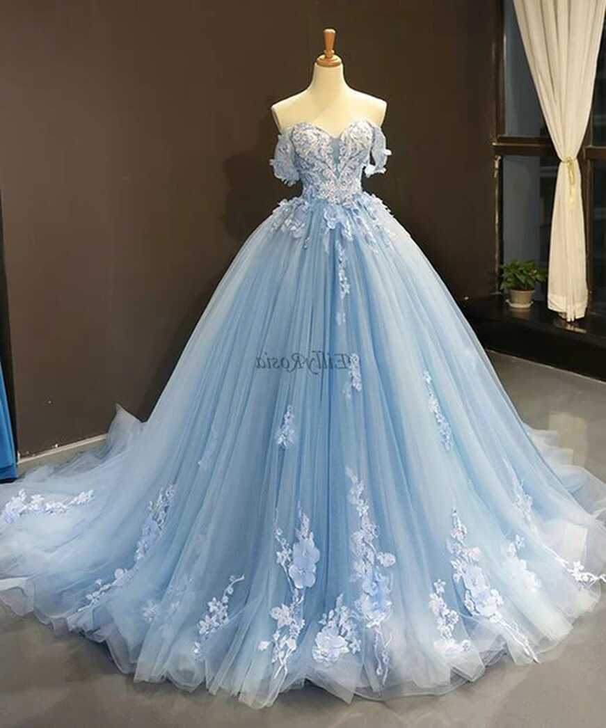 Light Blue Prom Dresses Ball Gown Off The Shoulder Lace Appliques ...