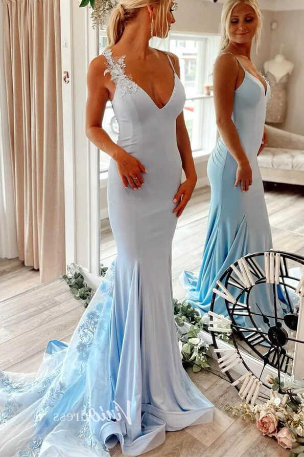 Light Blue Prom Dresses Spaghetti Strap Floral Evening Dress ...