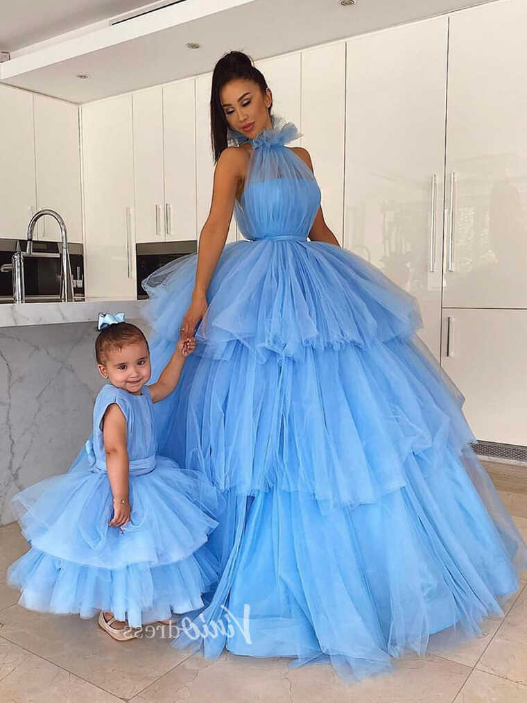 Light Blue Ruffle Tulle Prom Dresses Halter Neck Formal Gown ...