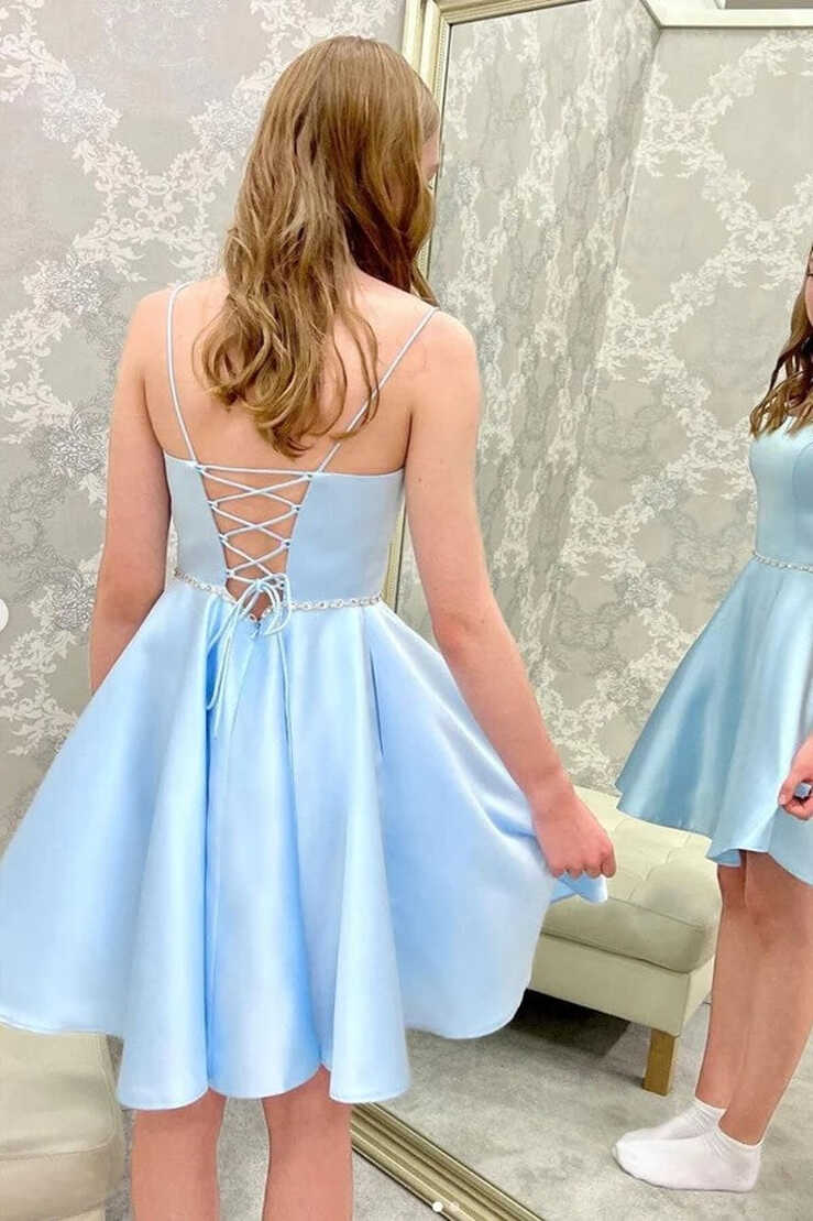 Light Blue Satin Beaded Cheap Homecoming Dresses MH562 | Musebridals