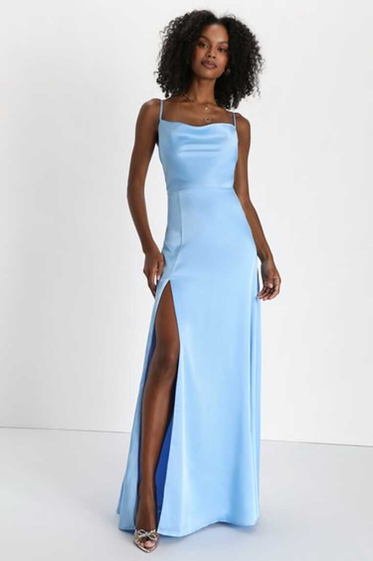 Light Blue Satin Dress - Satin Maxi Dress - Cowl Neck Dress - Lulus