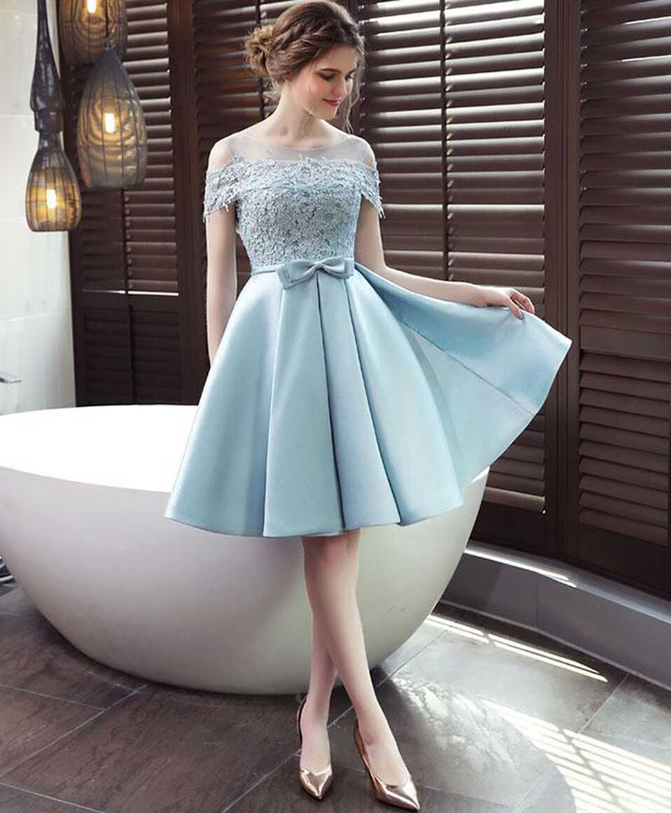 Light Blue Satin Lace Top Off Shoulder Homecoming Dress, Blue Prom ...