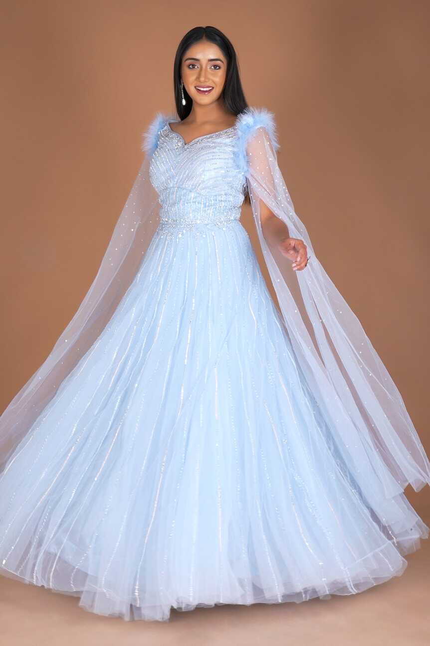 Light Blue Sequin and Cutdana Work Floor Length Gown in Net with ...