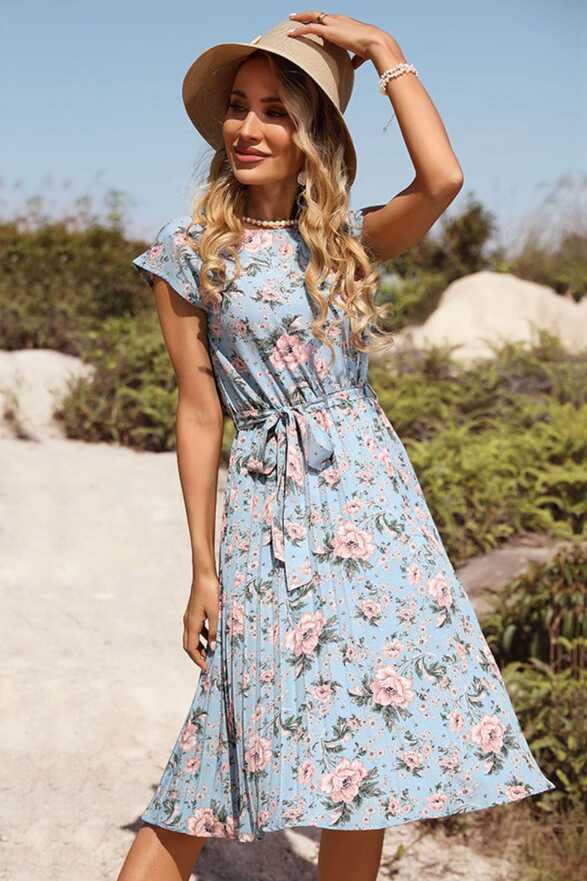 Light Blue Short Sleeve Floral Tie-Waist Pleated Modest Dress ...