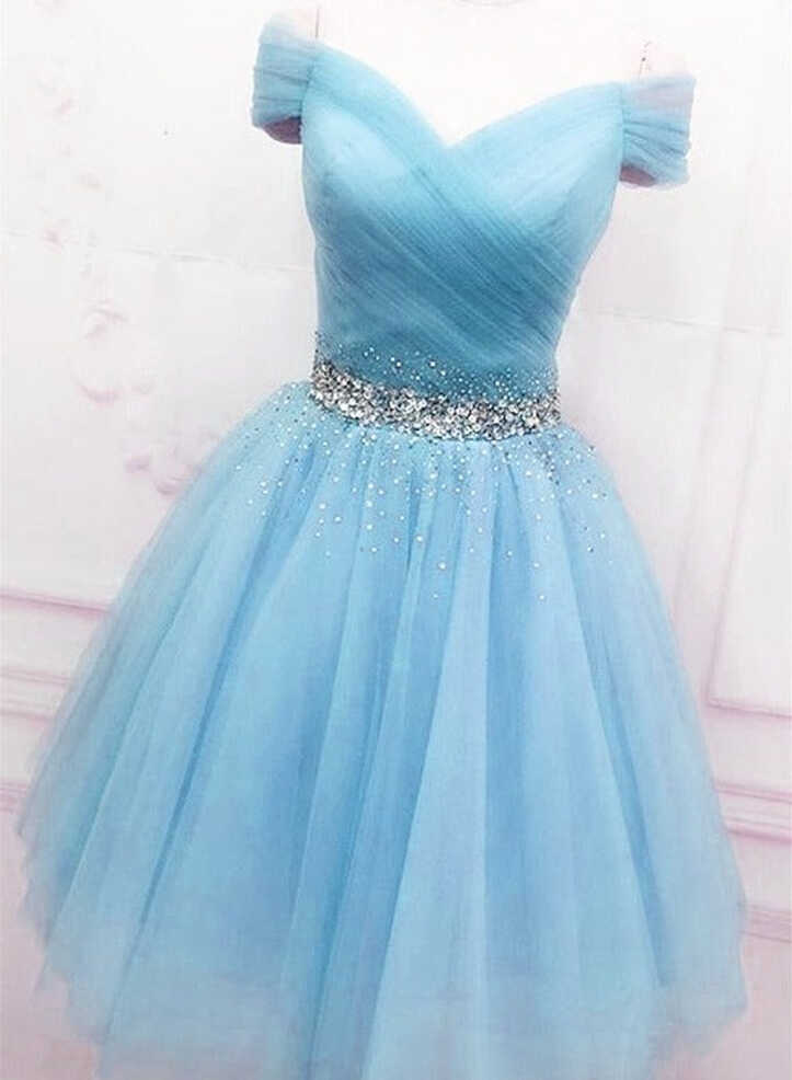 Light Blue Short Tulle Prom Dresses, Short Off the Shoulder Blue ...