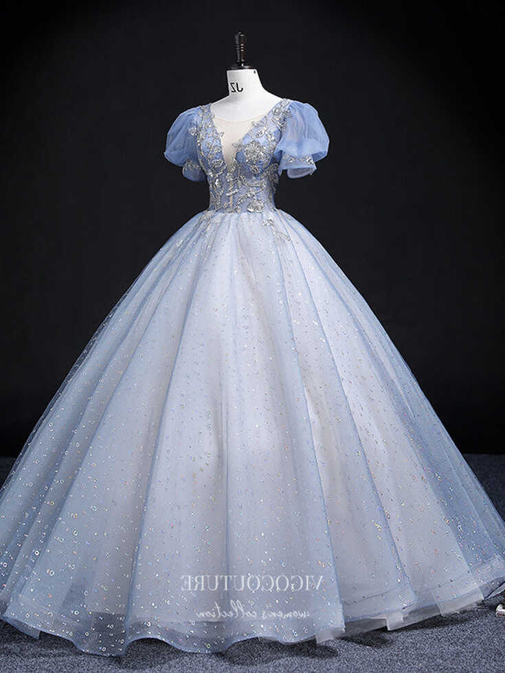 Light Blue Sparkly Tulle Prom Dresses Puffed Sleeve Princess ...