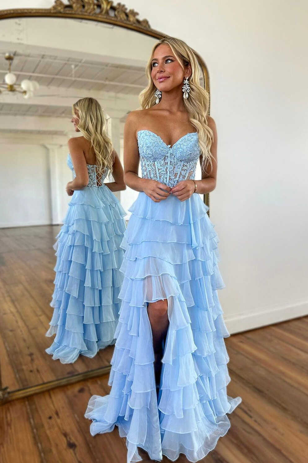 Light Blue Strapless High Low Prom Dress, Blue Lace Layered Formal Eve