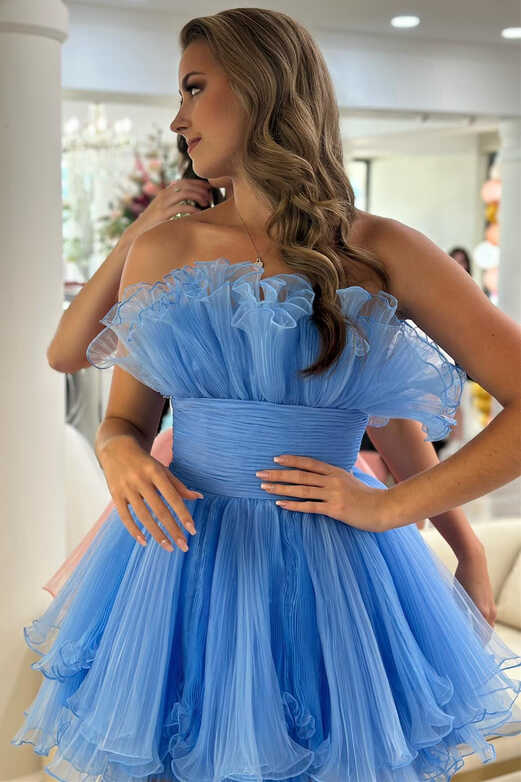 Light Blue Strapless Pleated Short Dress with Ruffles – Modsele