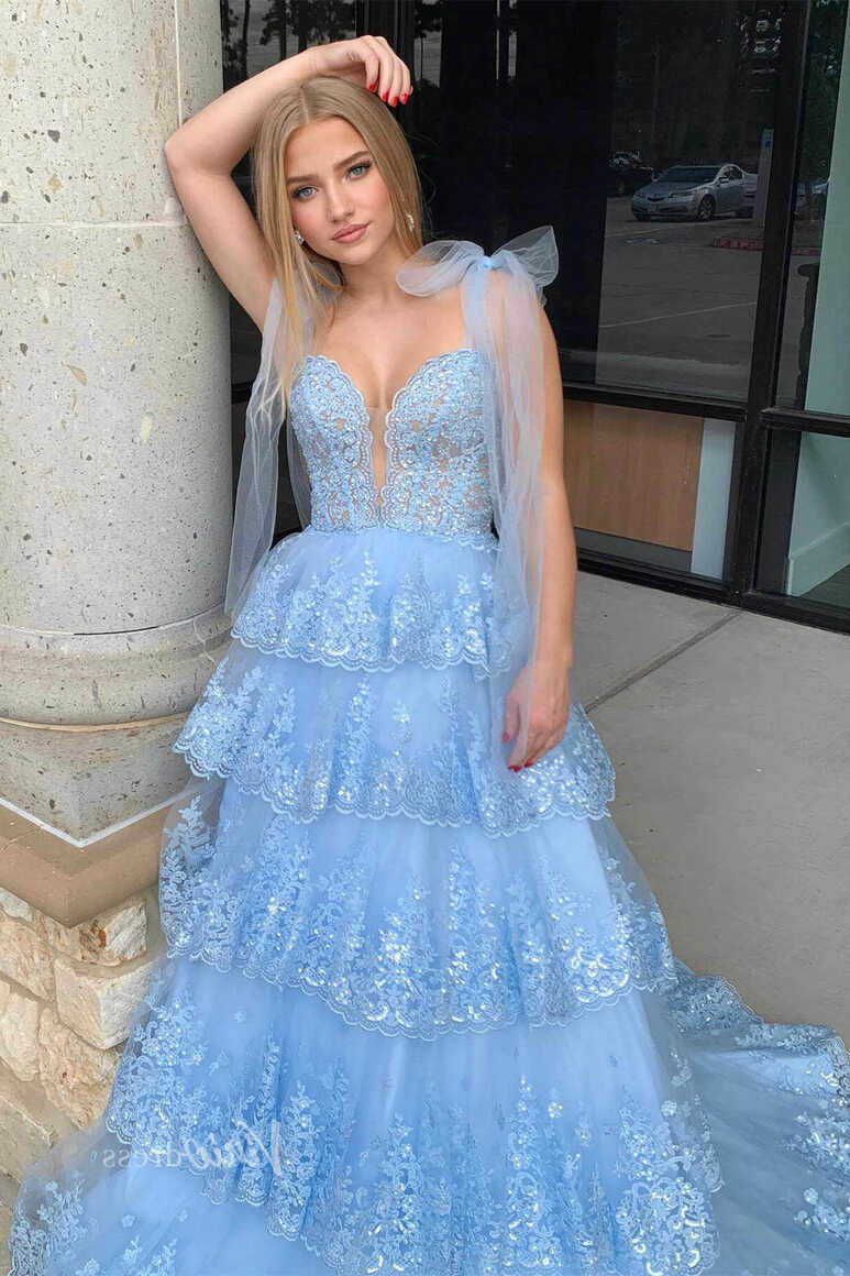 Light Blue Tiered Ruffle Prom Dresses Elegant Lace Ruffle Gowns ...