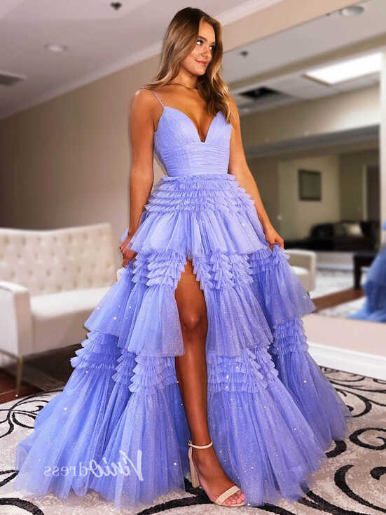 Light Blue Tiered Ruffle Tulle Prom Dresses with Slit FD2993 ...