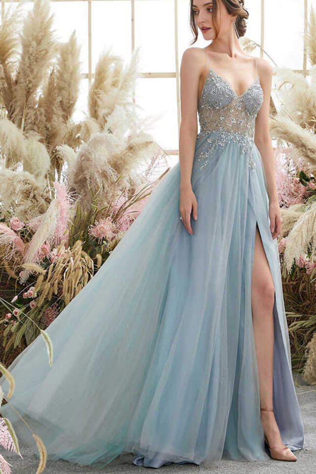 Light Blue Tulle A-line V-neck Beaded Prom Dresses MP658 | Musebridals