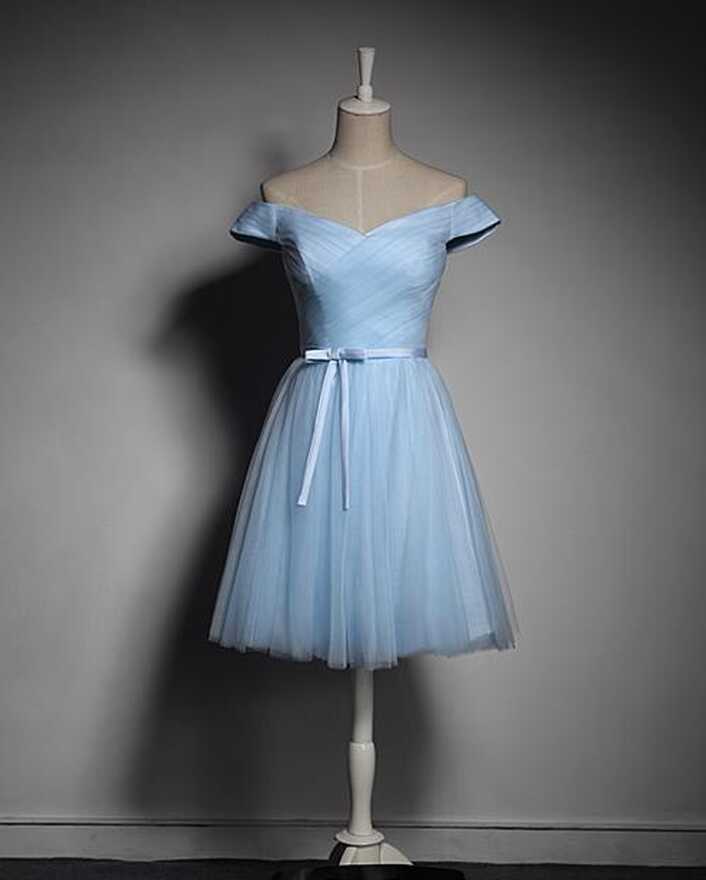 Light Blue Tulle Off Shoulder Knee Length Party Dress, Blue Party ...