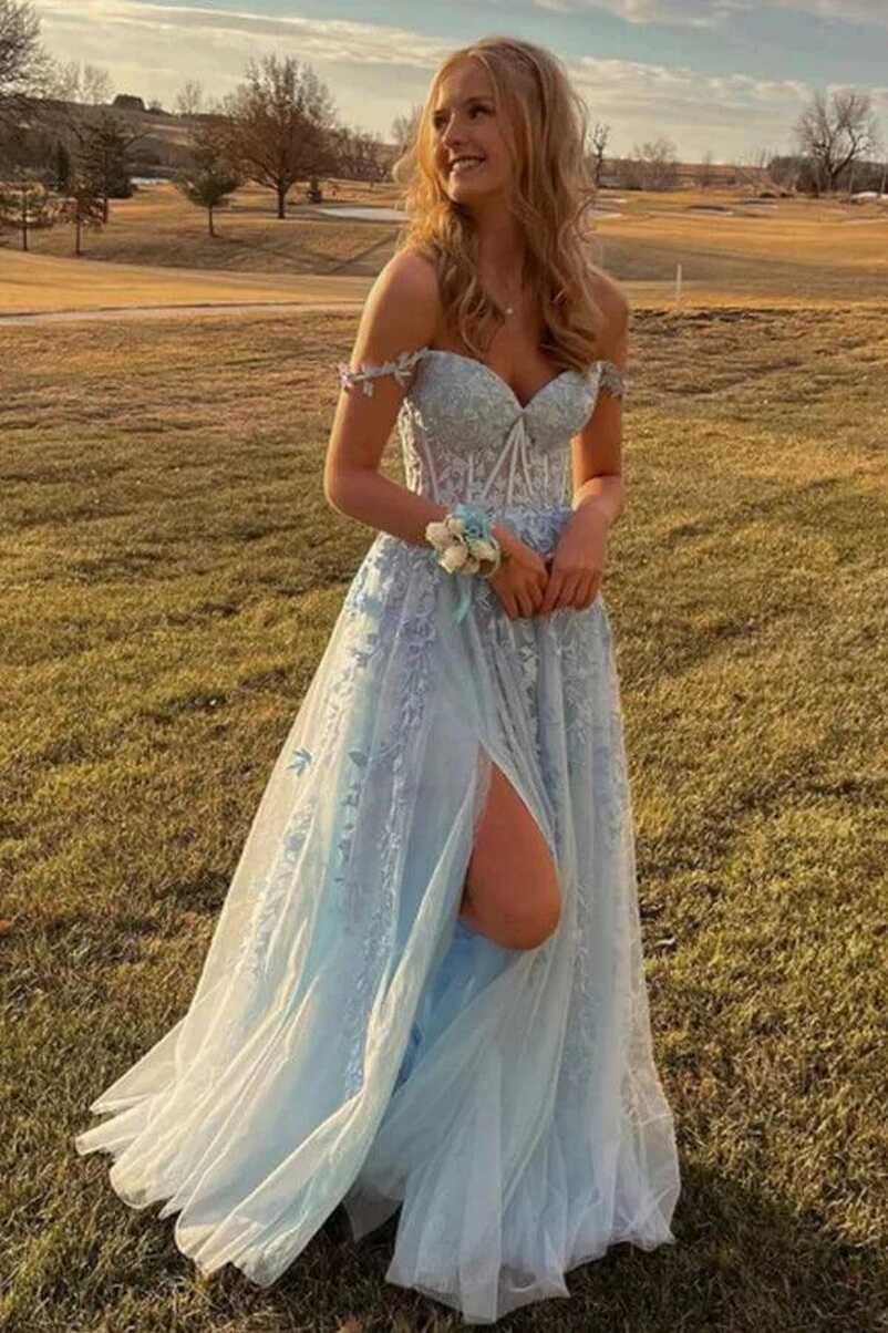 Light Blue Tulle Off Shoulder Long Prom Dresses With Lace ...