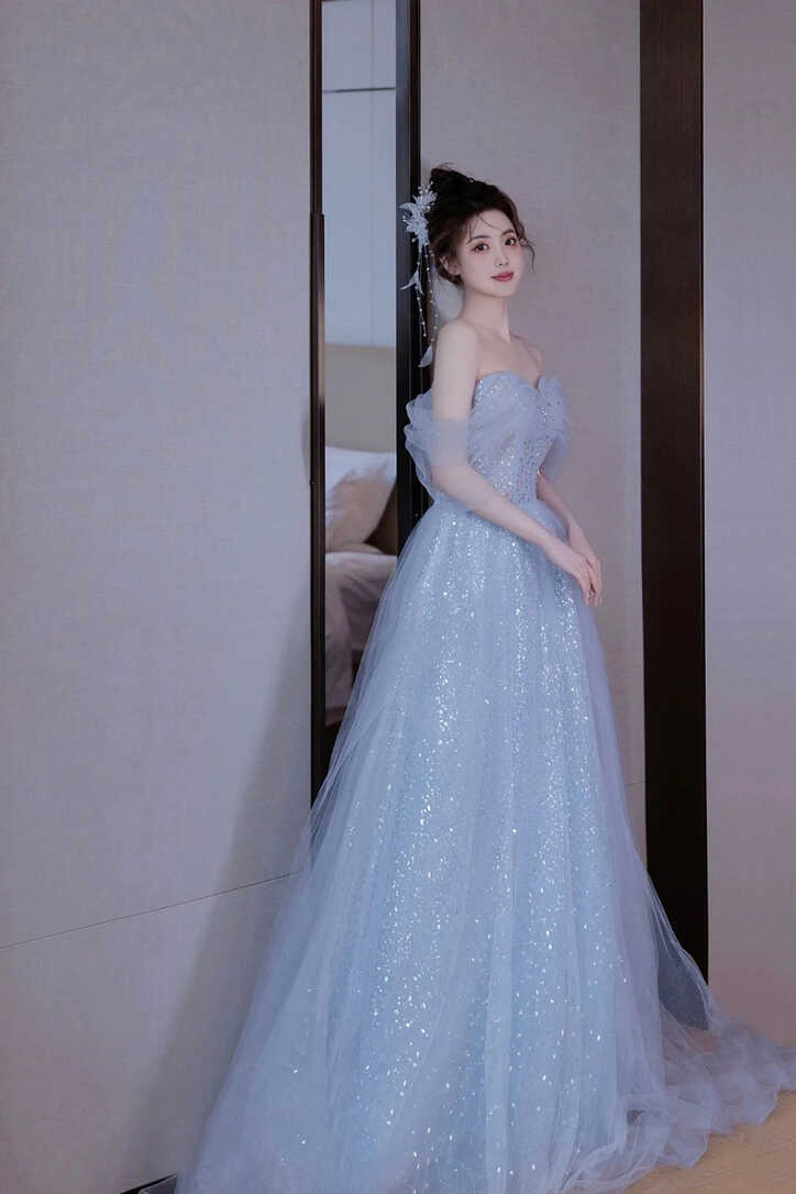 Light Blue Tulle Off Shoulder Party Dress, A-Line Sequins Blue Formal