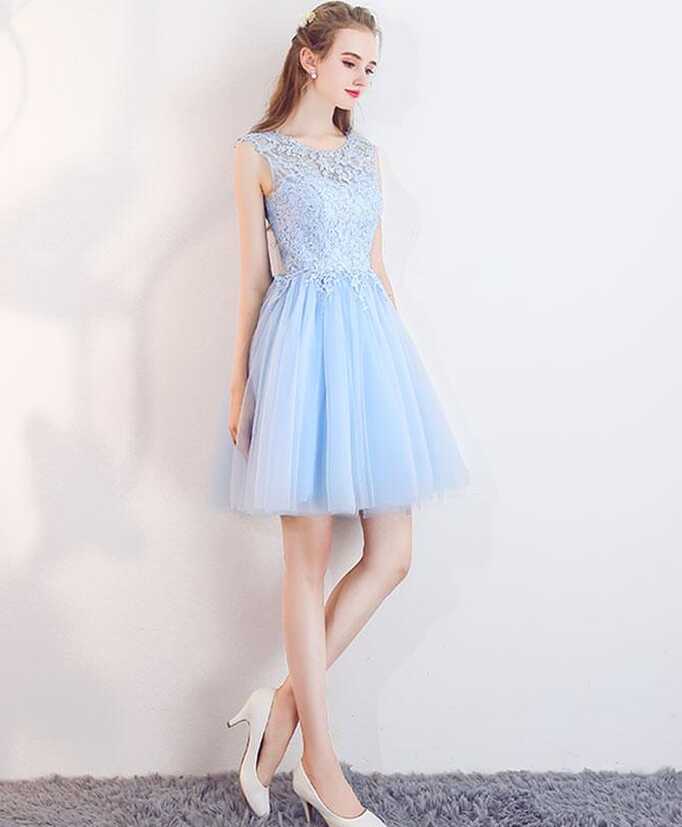 Light Blue Tulle Round Neckline Lace Cute Party Dresses, Short ...