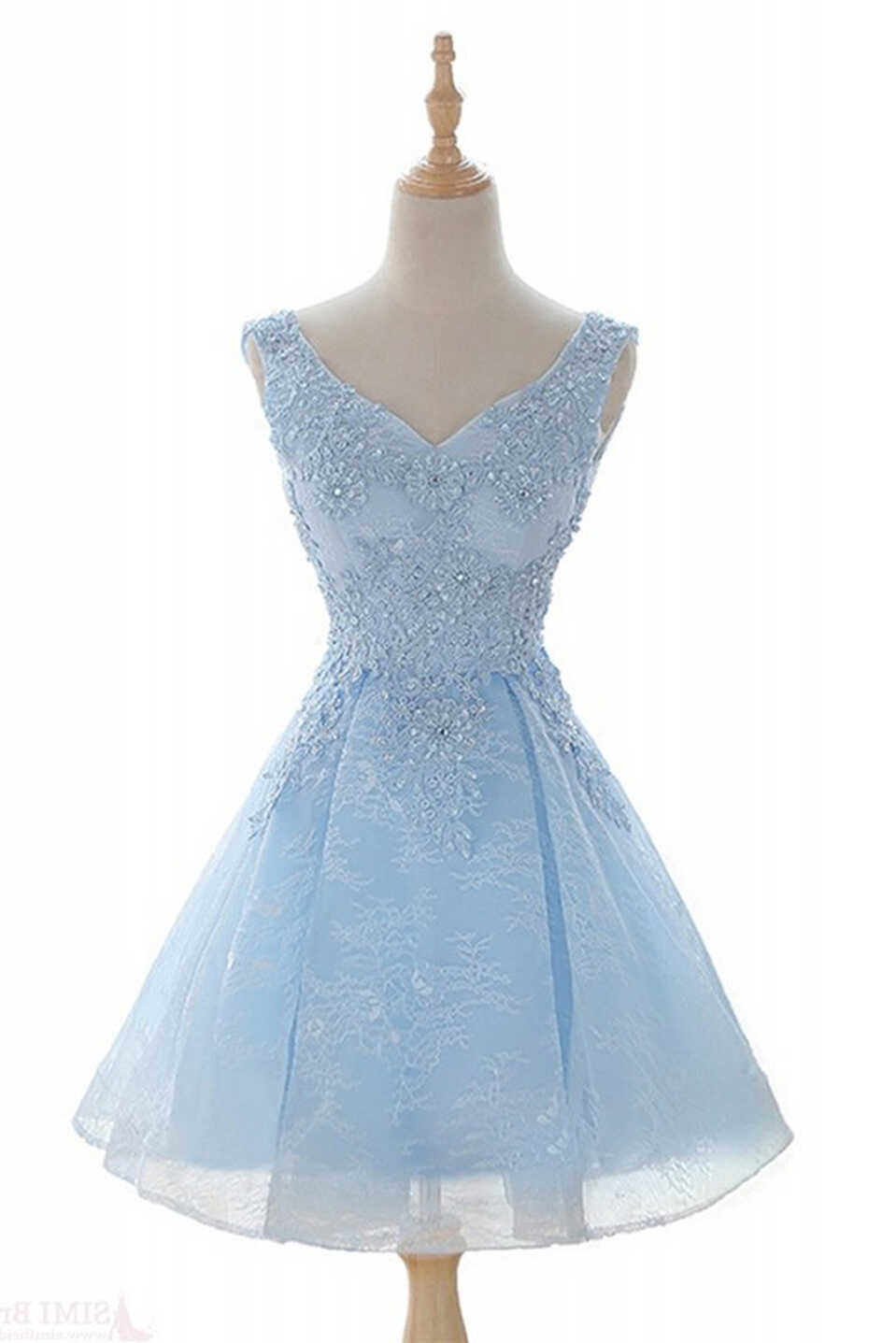 Light Blue V Neck Lace Homecoming Dresses, Short Sweet 16 Dress ...