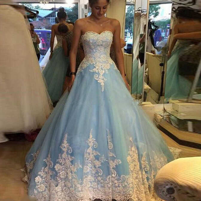 Light Blue Wedding Dress White Lace Appliques Sweetheart Bridal ...