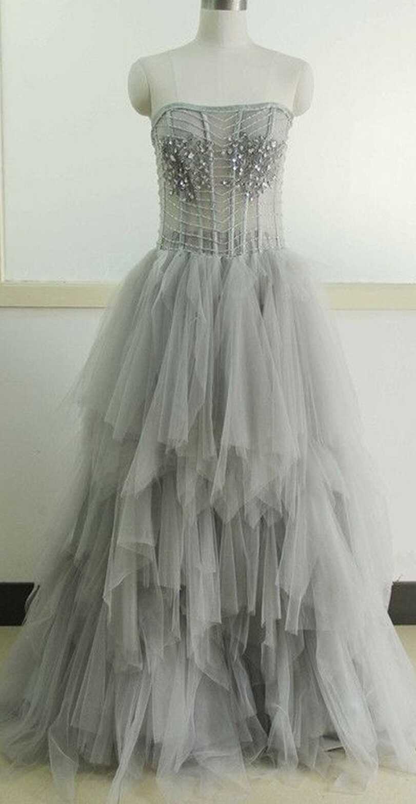 Light Gray Strapless Unique Vintage Formal Ball Gown Prom Dresses ...