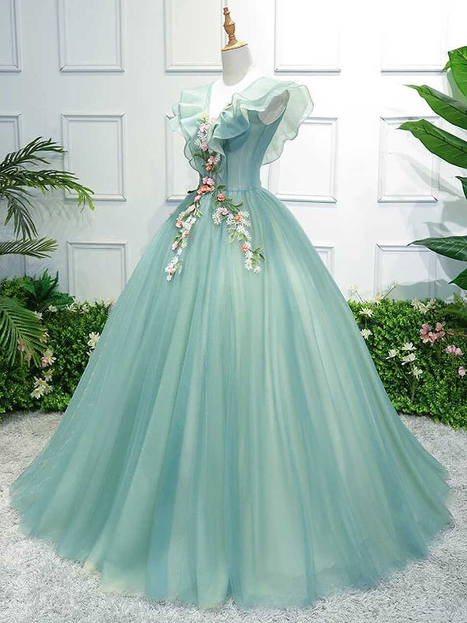 Light Green Floral Prom Dress with 3D Flower and V-Neck 22272 ...