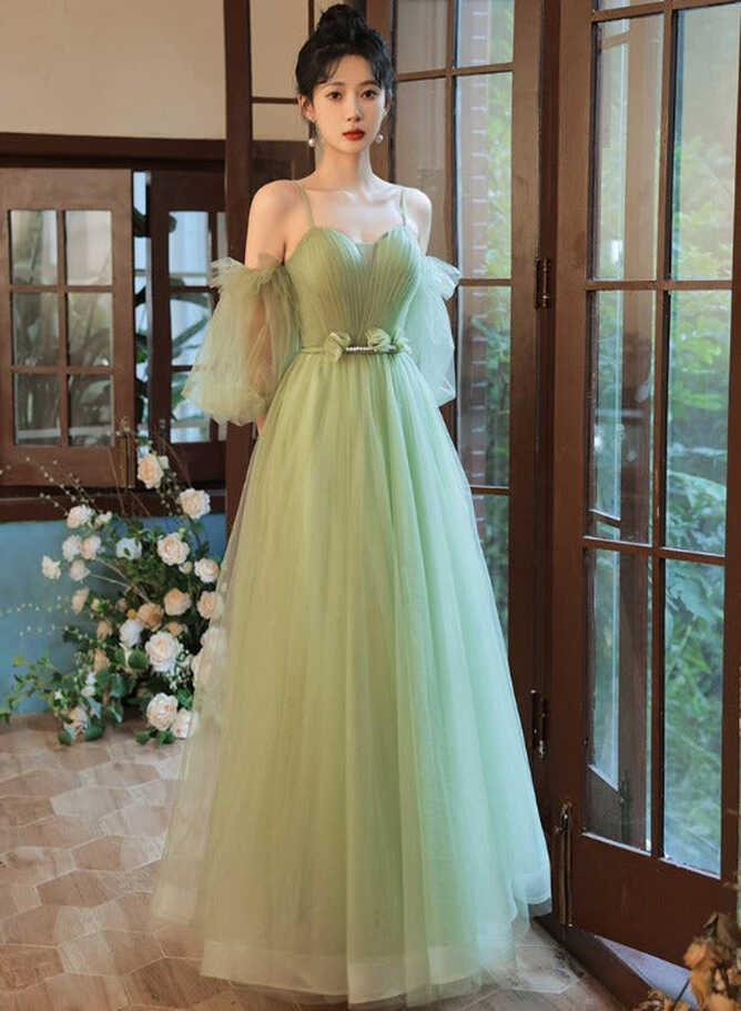 Light Green Tulle Simple Sweetheart Party Dresses, Green Long Prom ...