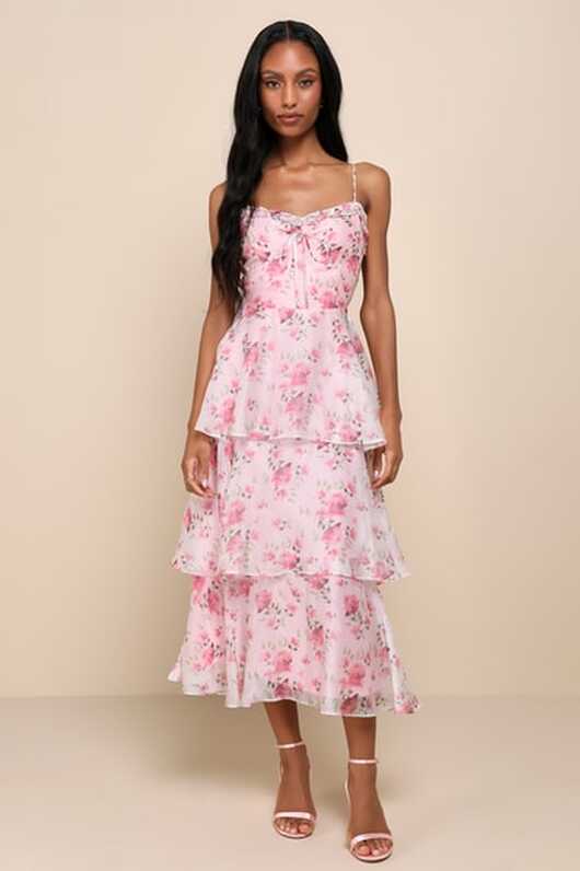 Light Pink Floral Dress - Floral Midi Dress - Tiered Midi Dress ...