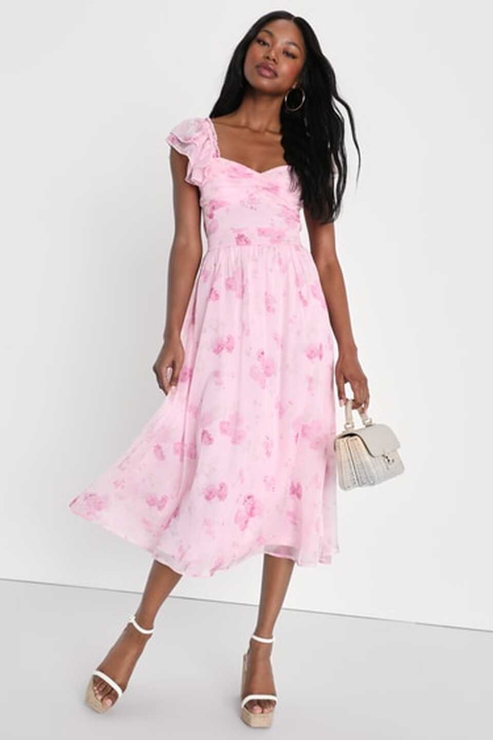 Light Pink Floral Dress - Ruffled Midi Dress - Tie-Back Dress - Lulus