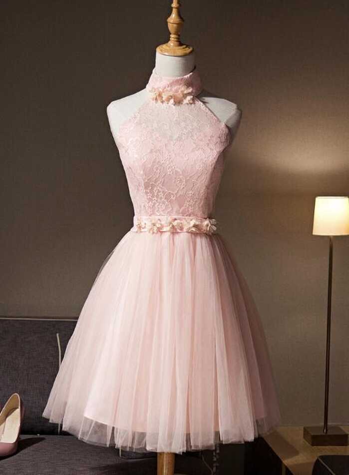 Light Pink Halter Tulle and Lace Lovely Knee Length Formal Dress ...