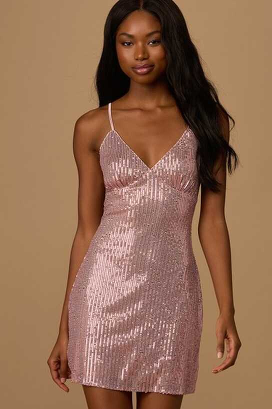 Light Pink Mini Dress - Pink Sequin Dress - V-Neck Mini Dress - Lulus