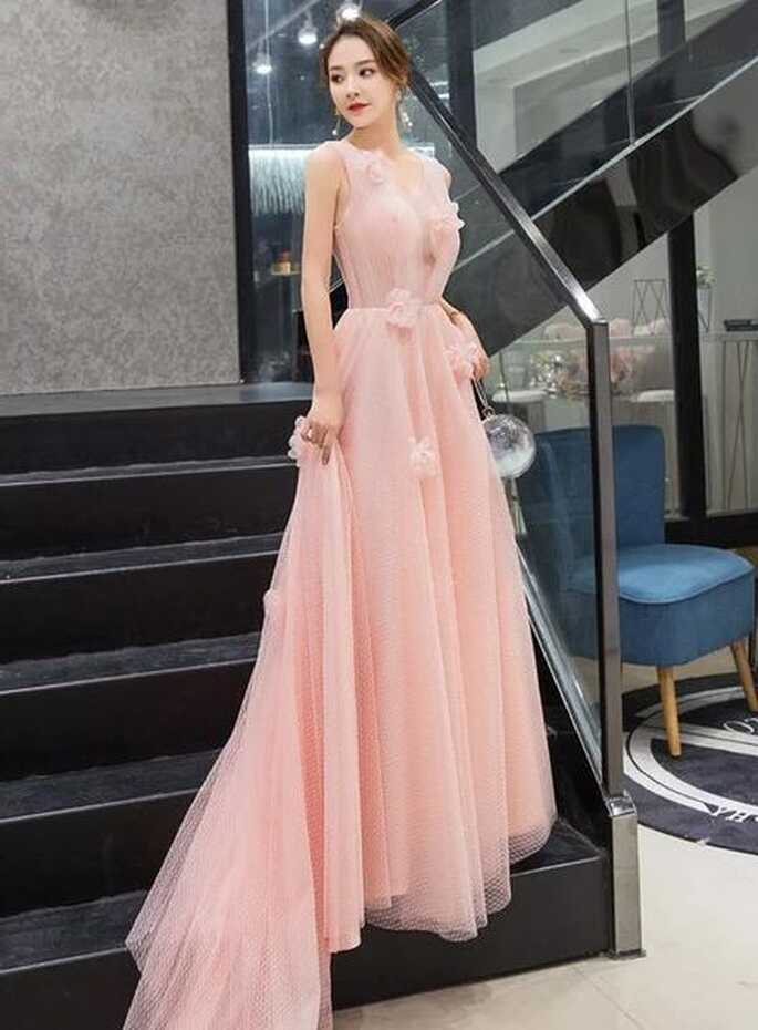 Light Pink Tulle with Flowers A-line Long Party Dress Evening ...