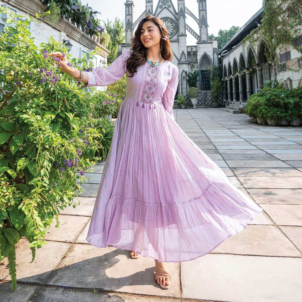 Light Purple Embroidered Cotton Gown