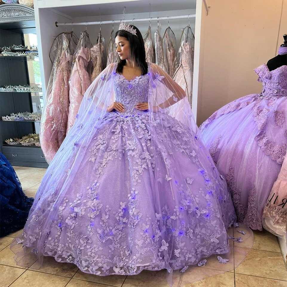 Light Purple Princess Quinceanera Dress Pretty Cape Puffy Ball ...