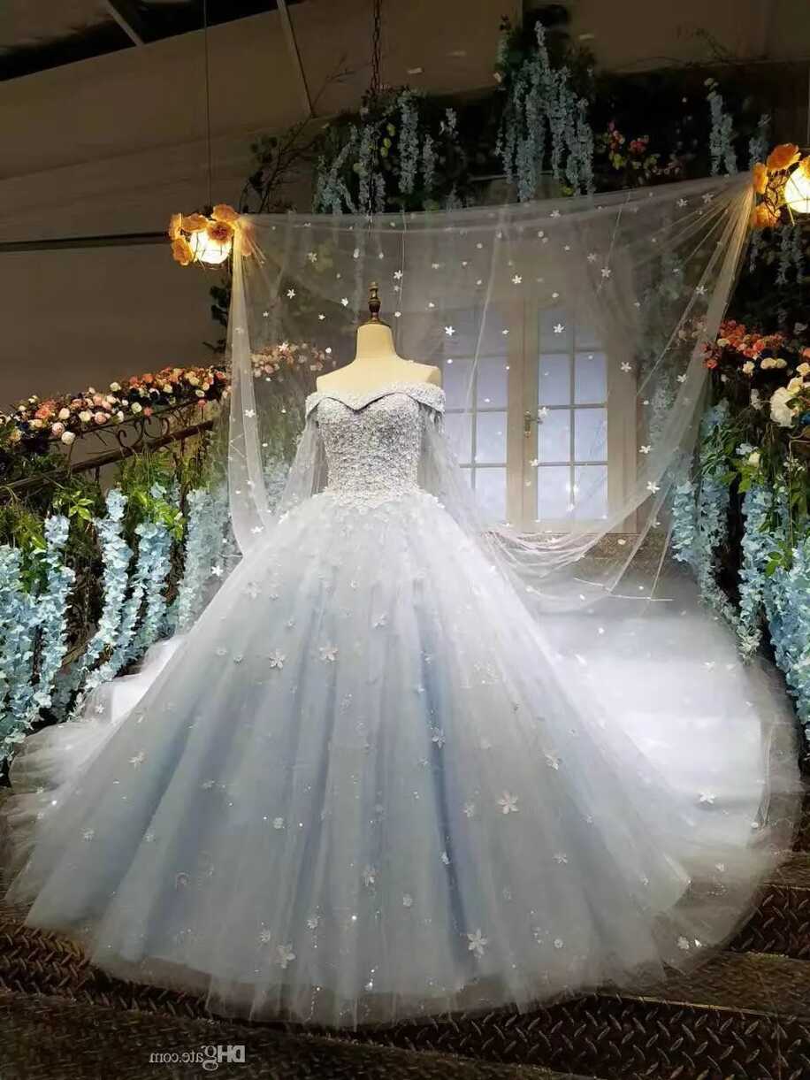 Light Sky Blue Cinderella Sparkly Ballgown Wedding Dress With Long ...