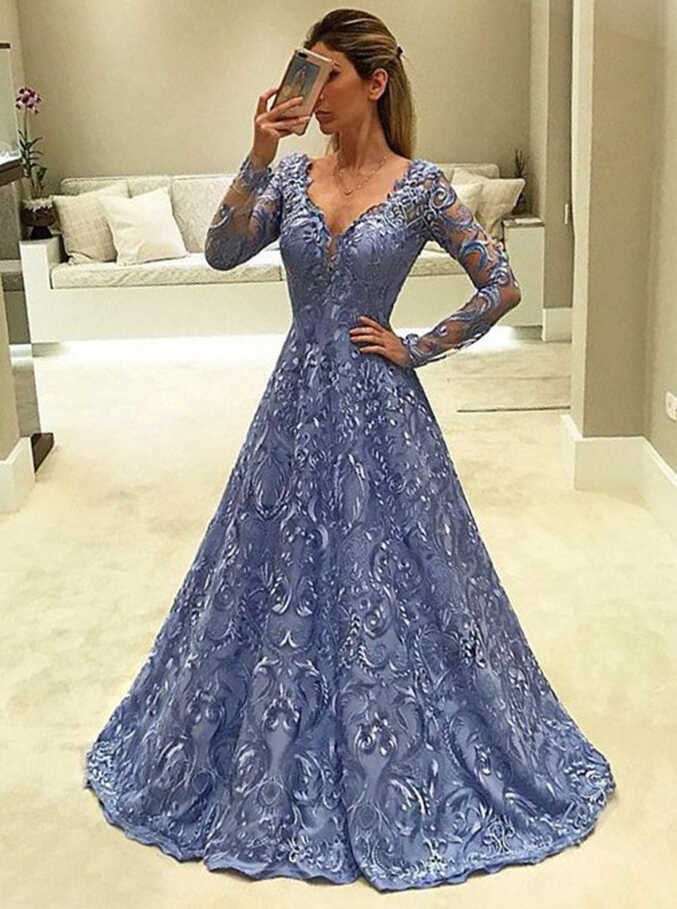 Light Sky Blue Lace A-Line V-Neck Long Sleeves Prom Evening Dress