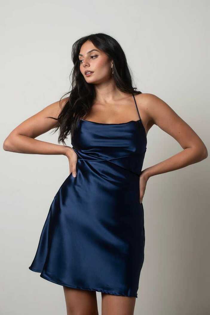 Light Up The Night Blue Satin Cowl Neck Mini Dress