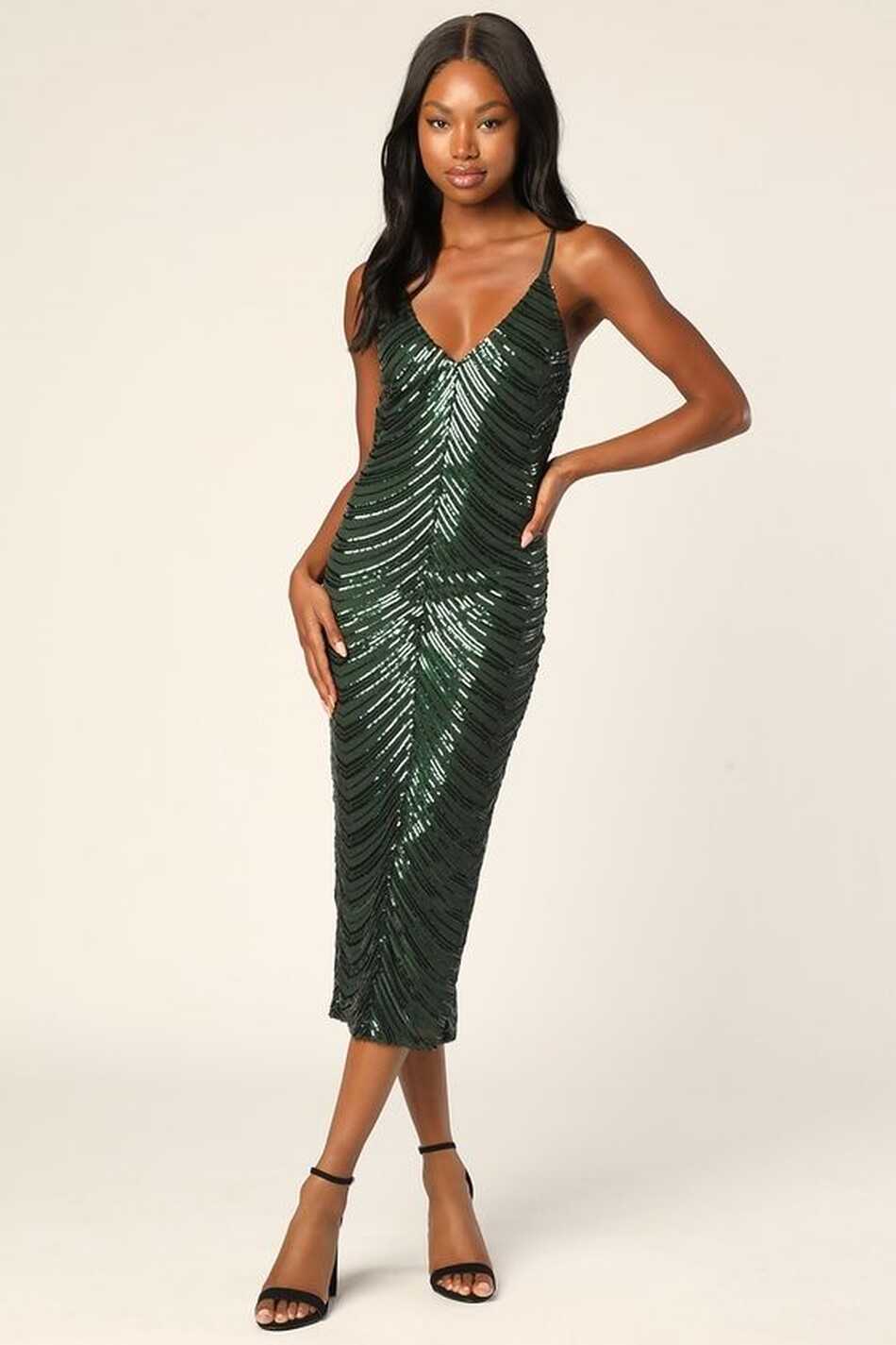 Like a Movie Star Hunter Green Sequin Bodycon Midi Dress