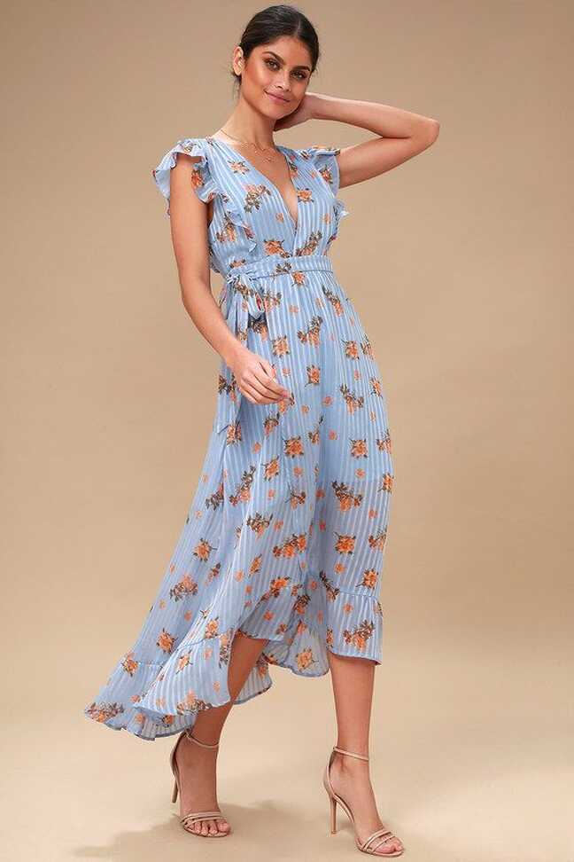 Lila Light Blue Floral Print Midi Dress