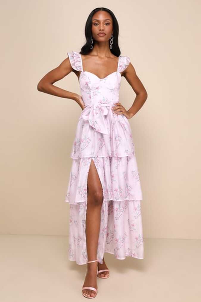 Lilac Floral Dress - Ruffled Tiered Dress - Bustier Midi Dress - Lulus