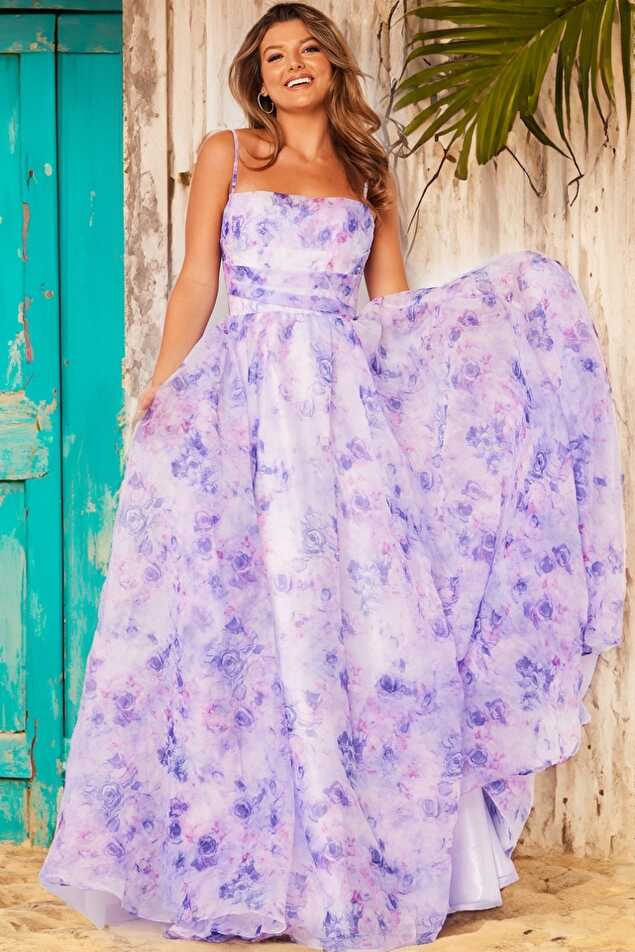 Lilac Floral Print A Line Prom Gown JVN38609