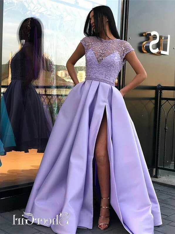 Lilac Long Prom Dresses with Slit Beaded See Through Cap Sleeve ...