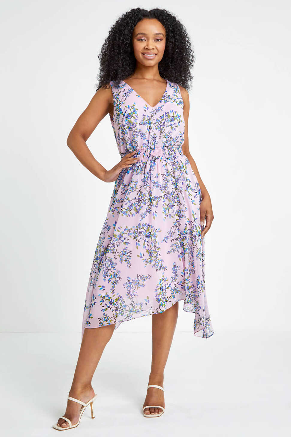 Lilac Petite Floral Print Sleeveless Midi Dress | Roman UK