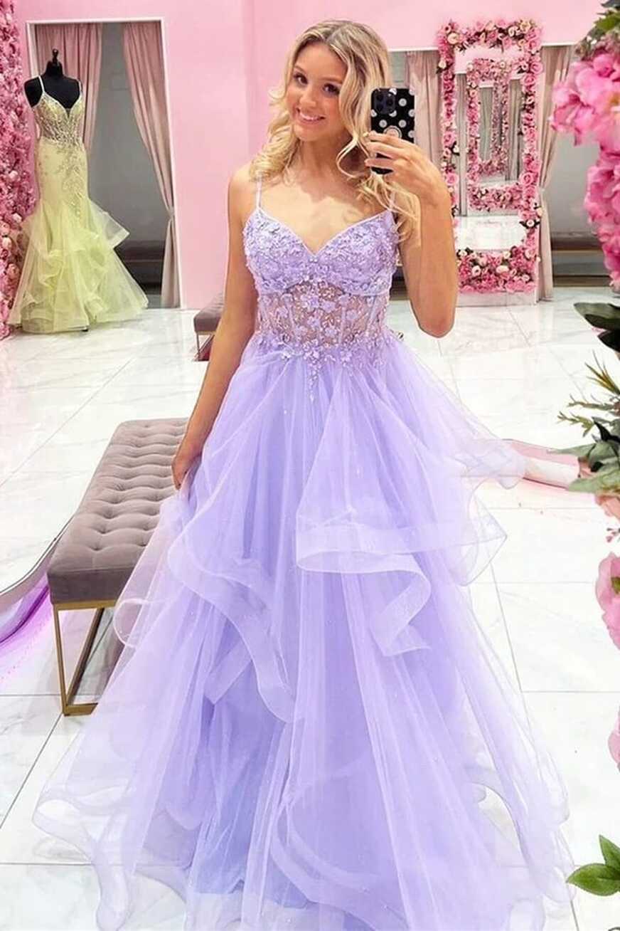 Lilac Tulle A-line Lace Appliques Prom Dresses, MP739 | Musebridals