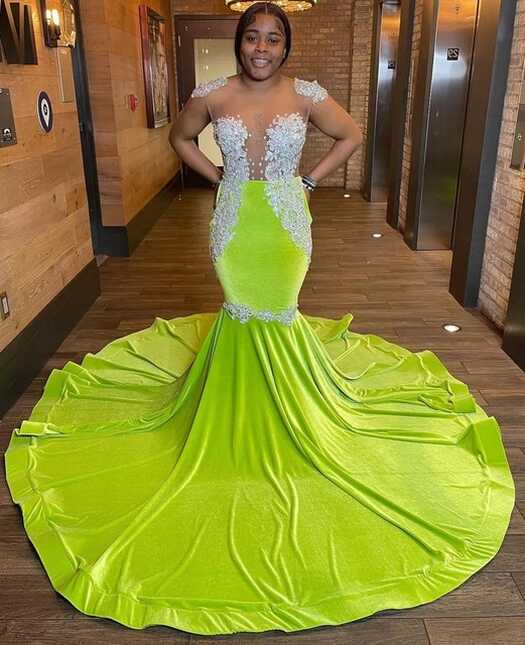 Lime Green African American Prom Dresses Mermaid Cap Sleeves ...