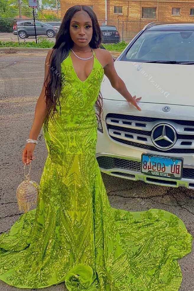 Lime Green Sequin Designer Halter Neck Mermaid Dress